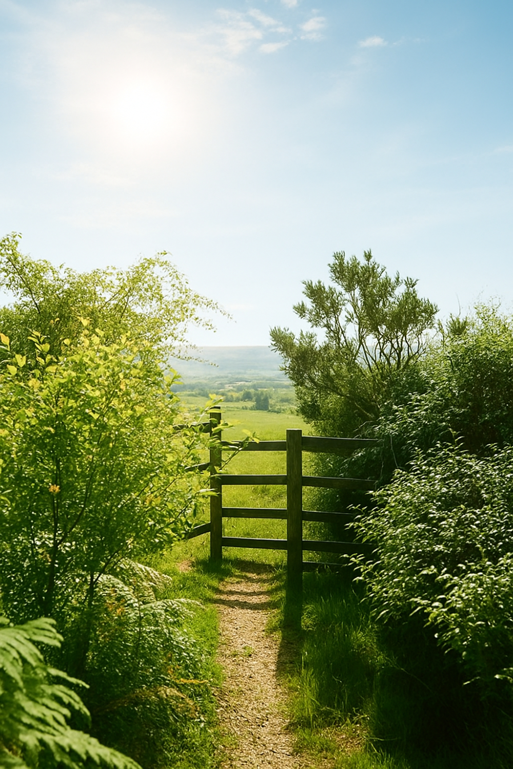 A wooden gate stands at the end of a narrow dirt path, surrounded by green bushes and trees, with a bright sky and open fields in the background.